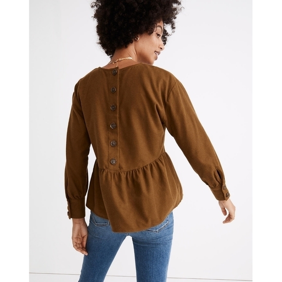 Madewell Flannel Button-Back Peplum Long Sleeve Top Size XXS Olive Green/Brown - Picture 5 of 8